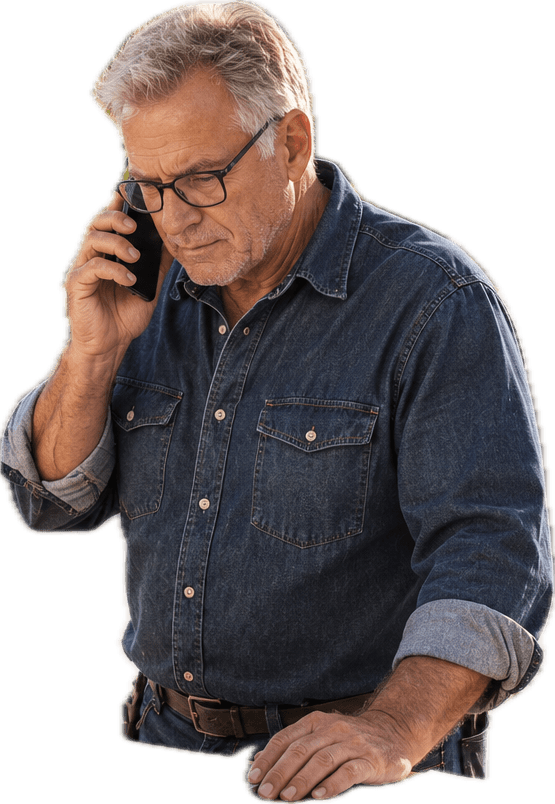 A pool builder in a denim shirt on the phone.
