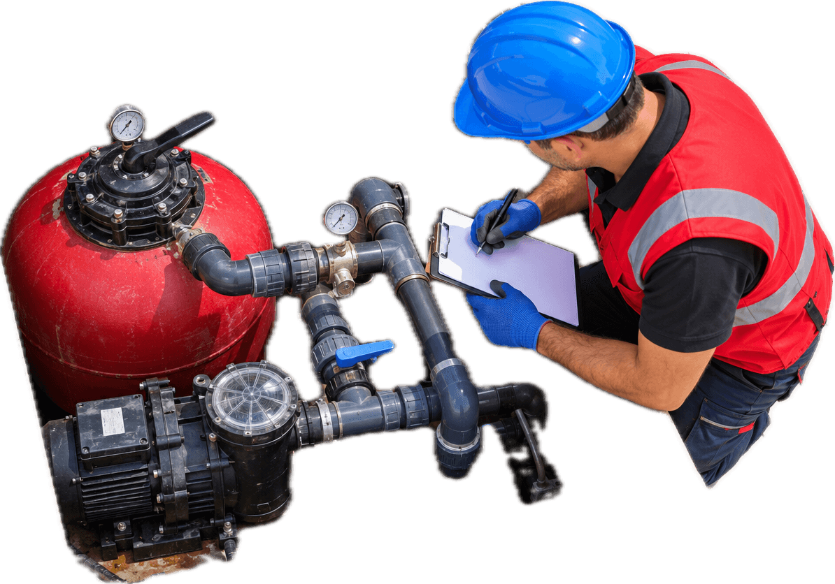 A technician in a hard hat checking a pool's sand filter and pump against his clipboard.