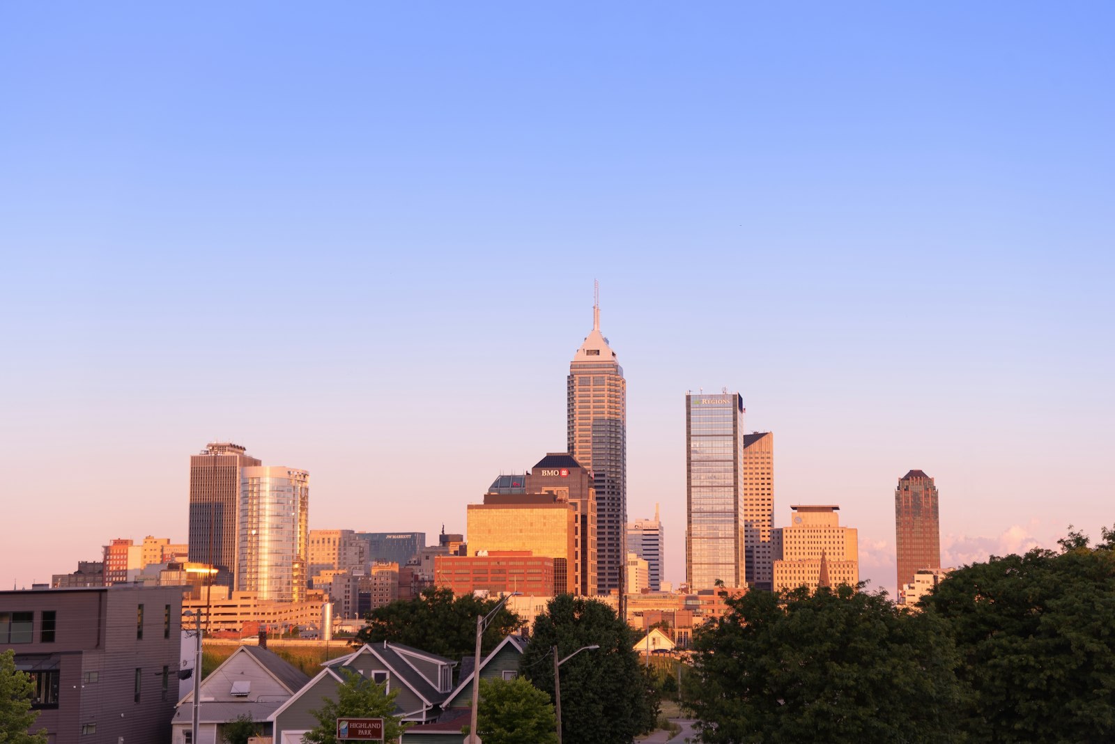 The Indianapolis skyline at sunset.