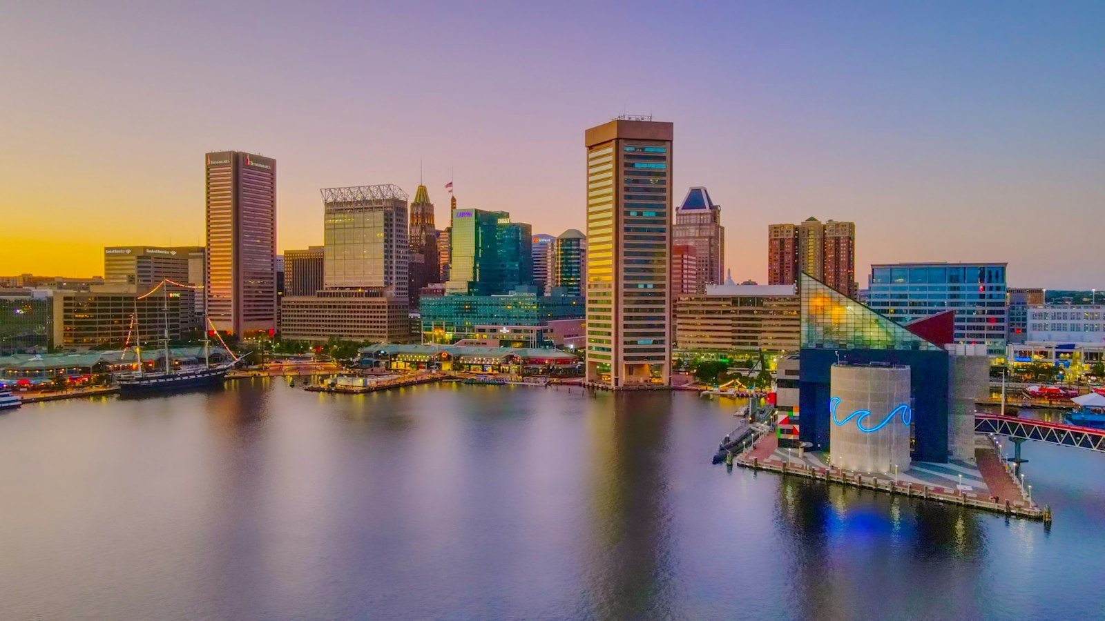 Baltimore's Inner Harbor at dusk.