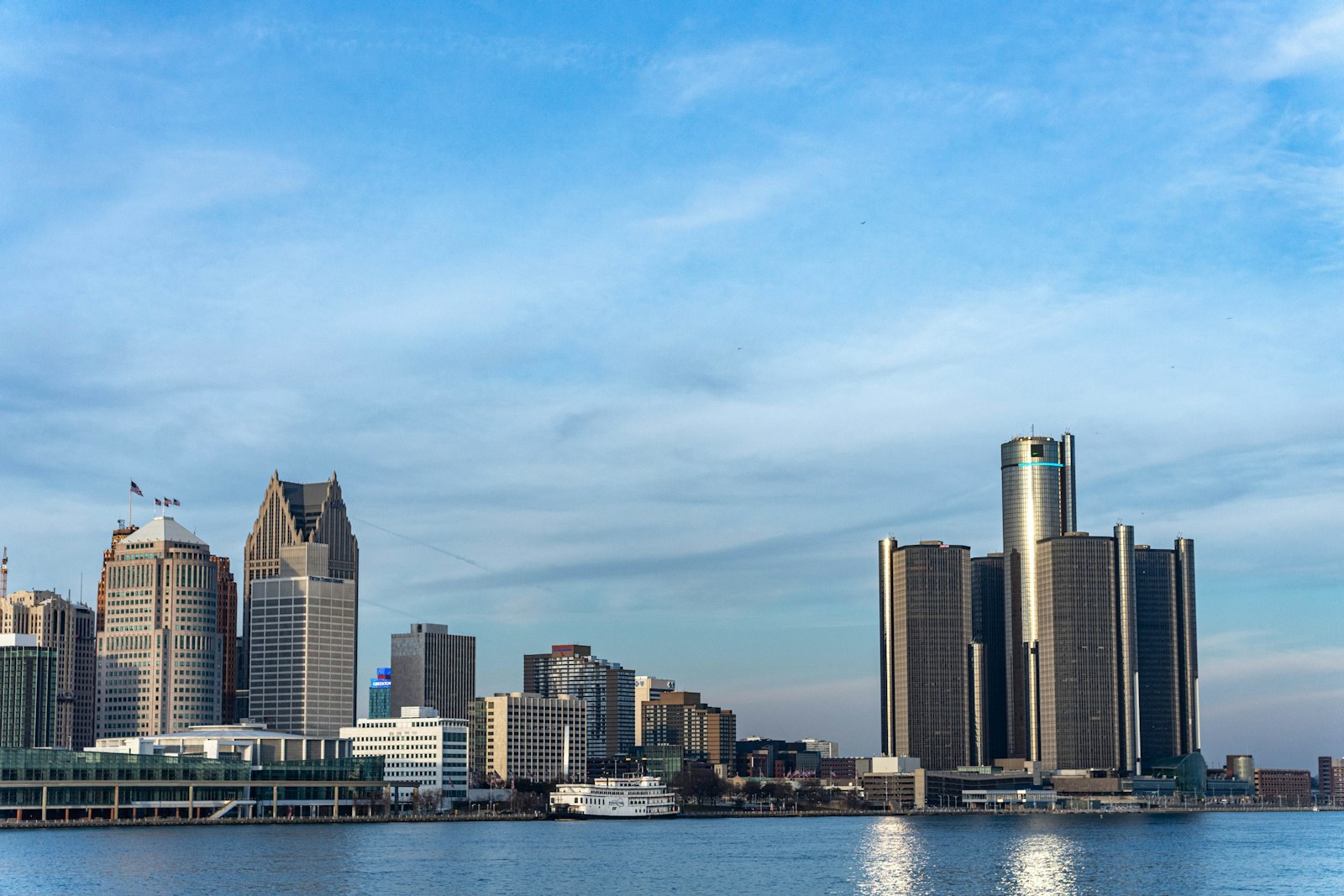 The Detroit skyline across the Detroit River.