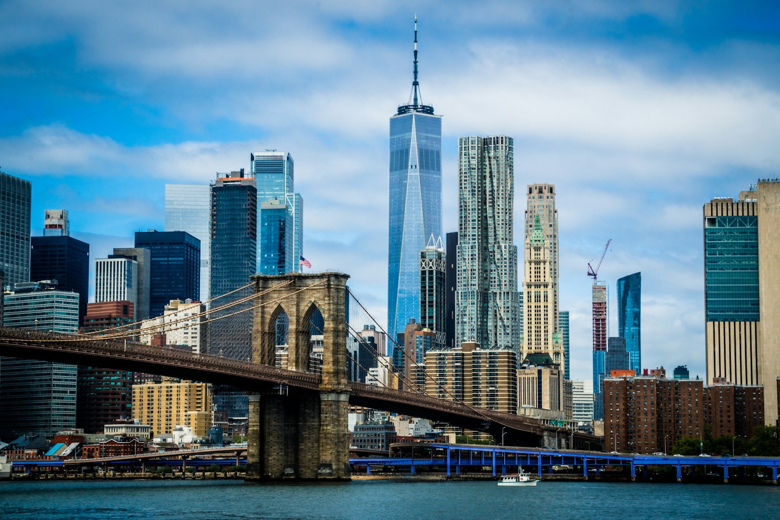 Lower Manhattan and the Brooklyn Bridge in New York City.