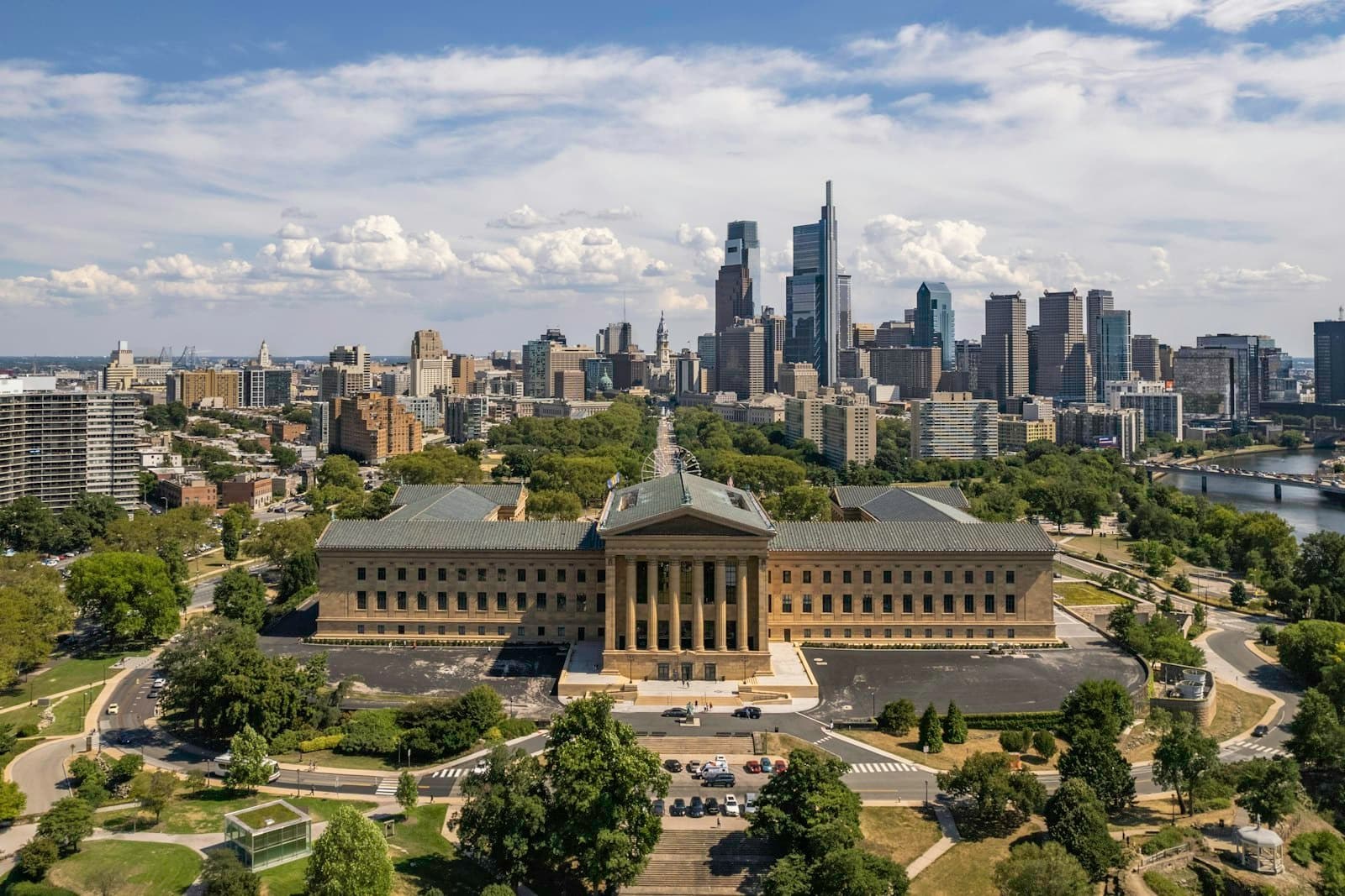 The Philadelphia Museum of Art with the city skyline behind it.