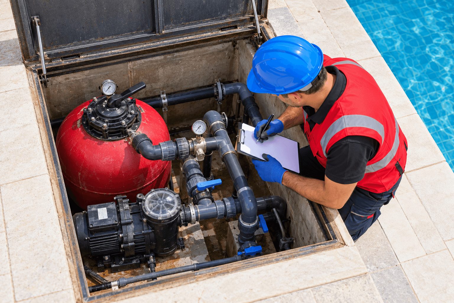 A technician with a clipboard checking a pool pump and filter.