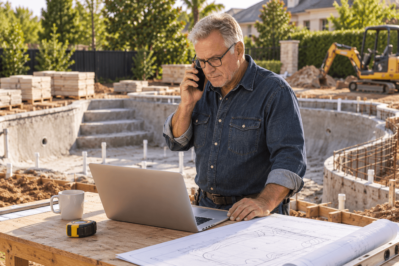 A pool builder on the phone at a job site, with a laptop and the plans in front of him.