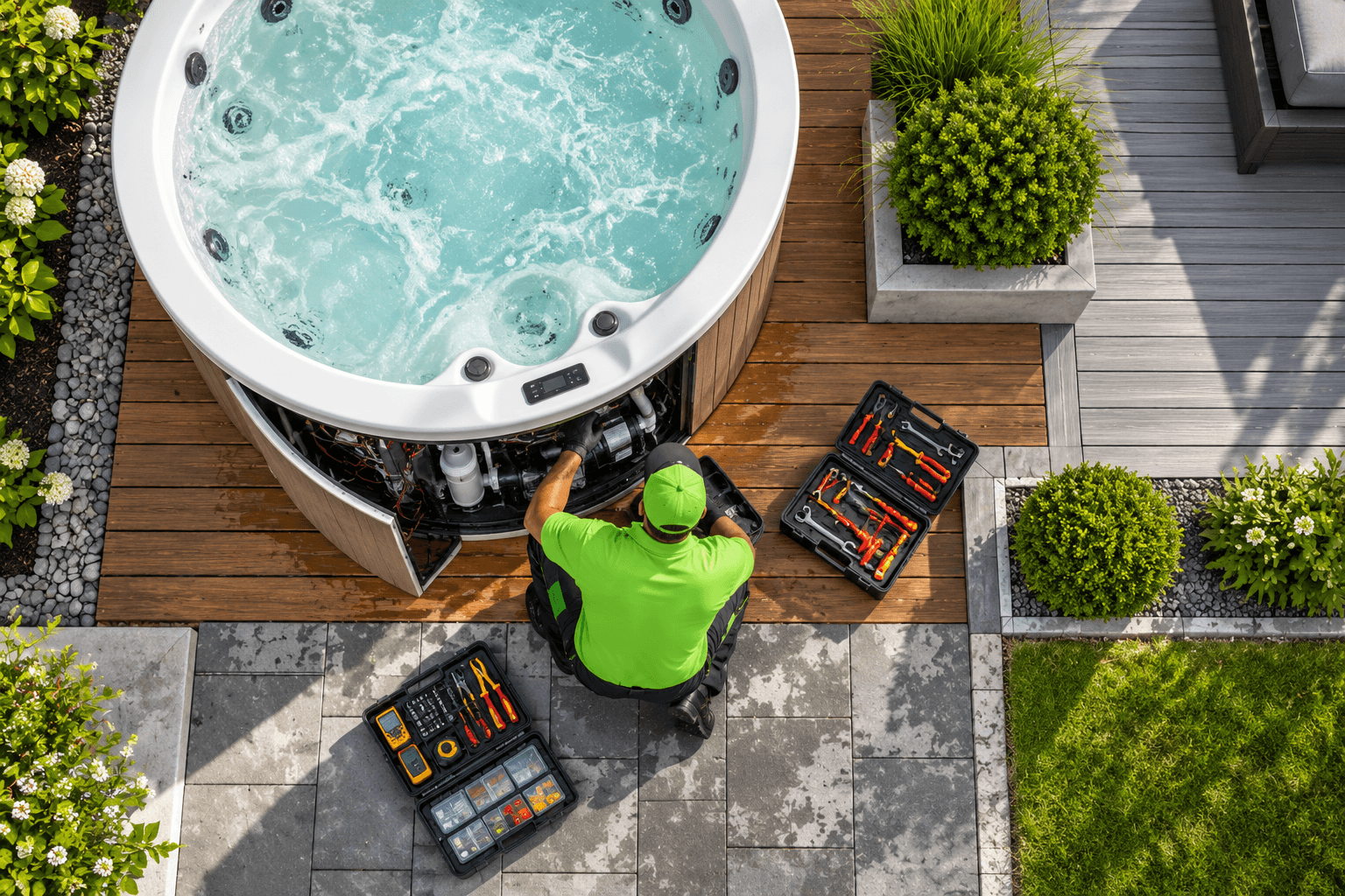 A technician kneeling at an open hot tub cabinet with his tools laid out beside him.