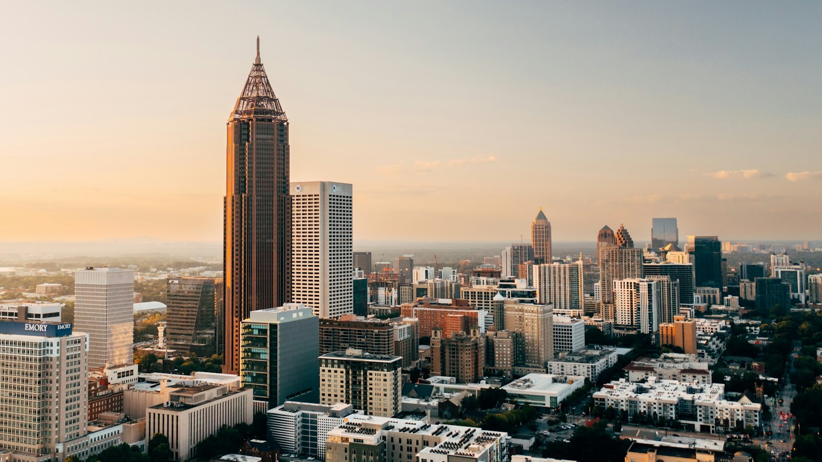 The Atlanta skyline in warm evening light.