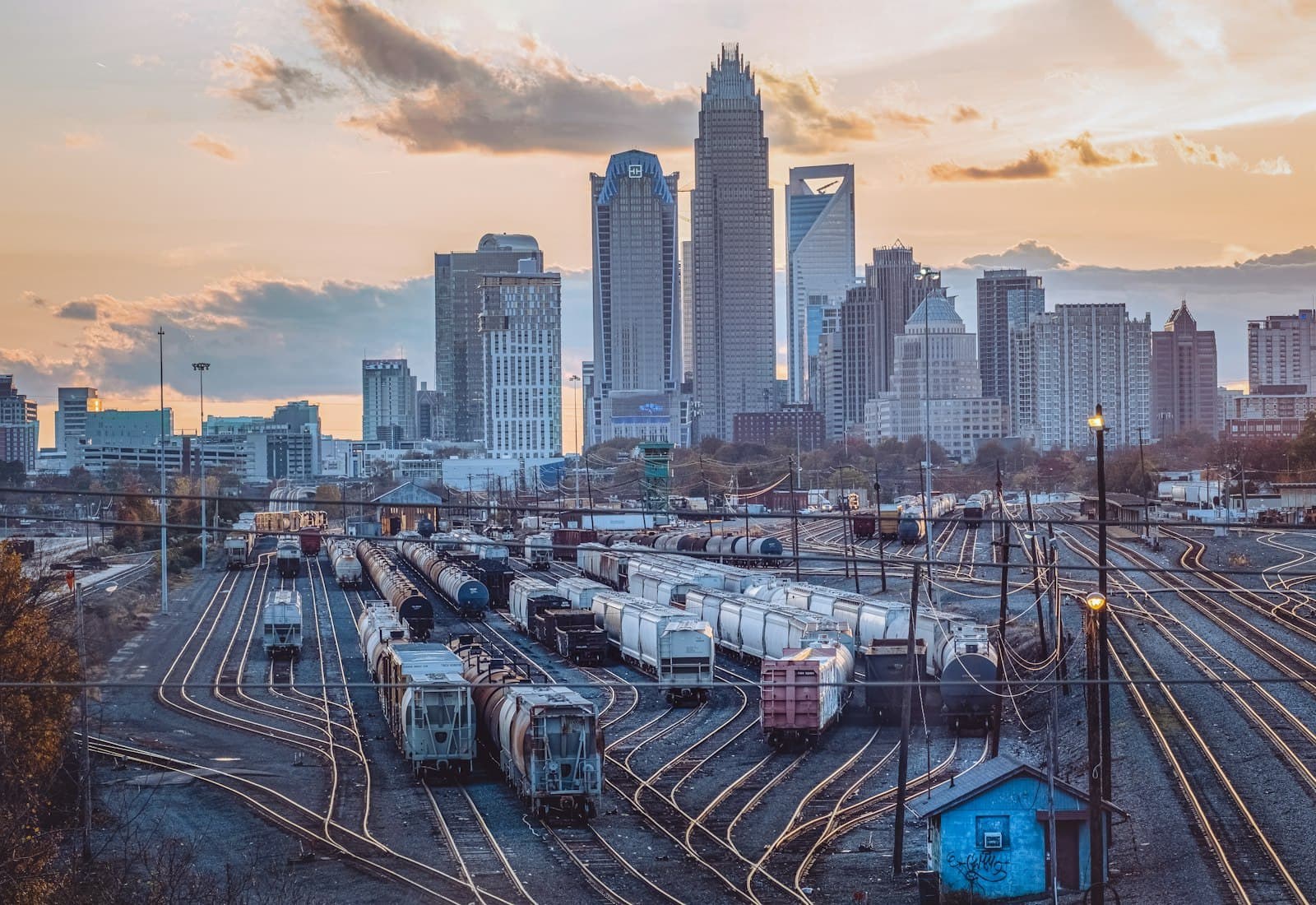 Uptown Charlotte's skyline above a rail yard at sunset.