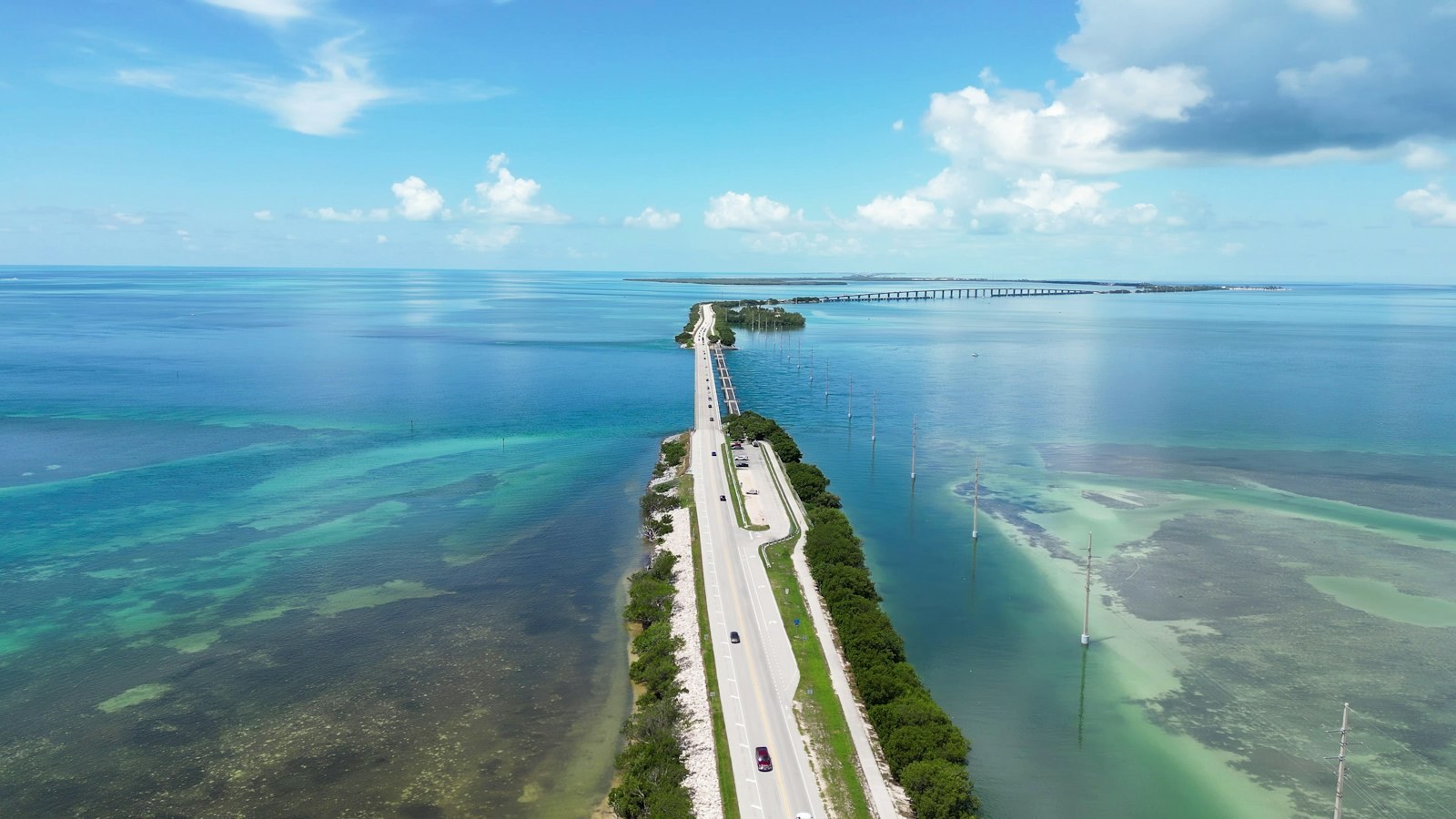The Overseas Highway crossing turquoise water in the Florida Keys.