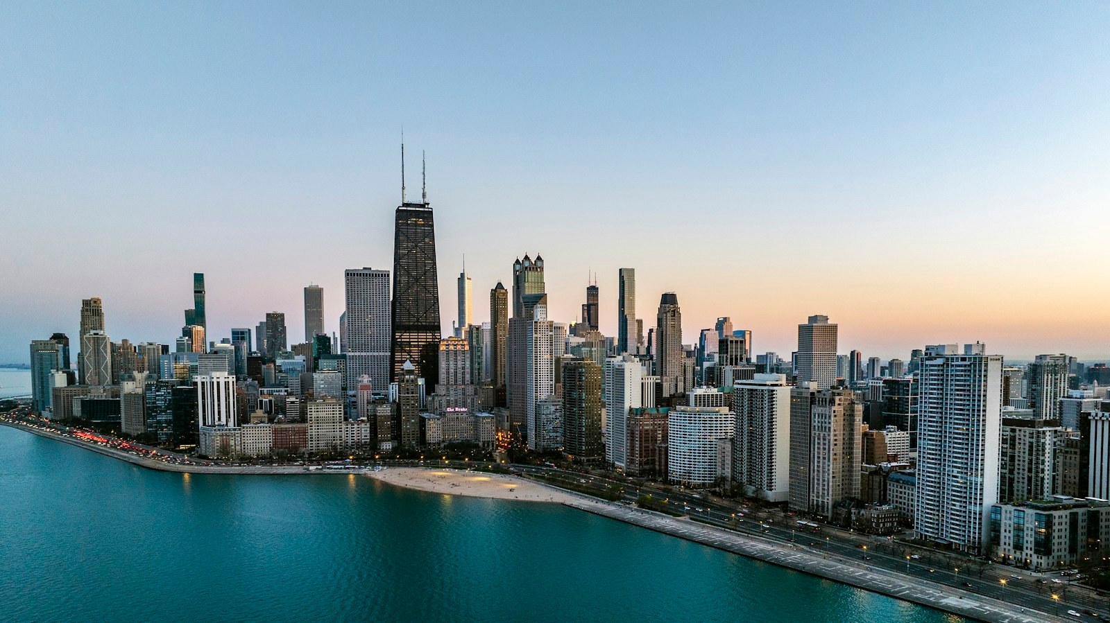 Chicago's lakefront skyline at dawn.