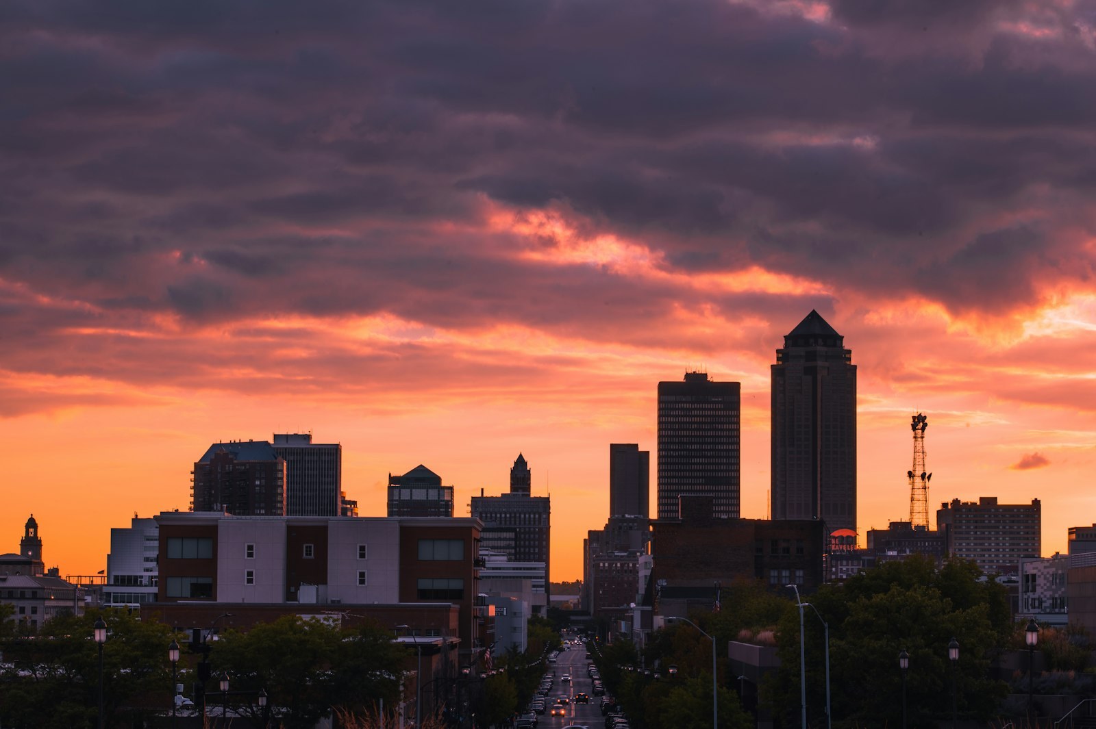 The Des Moines skyline at sunset.