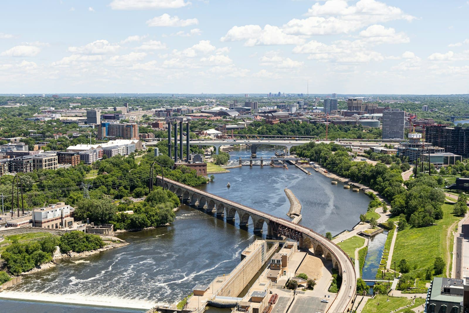 The Stone Arch Bridge and the Mississippi River in Minneapolis.