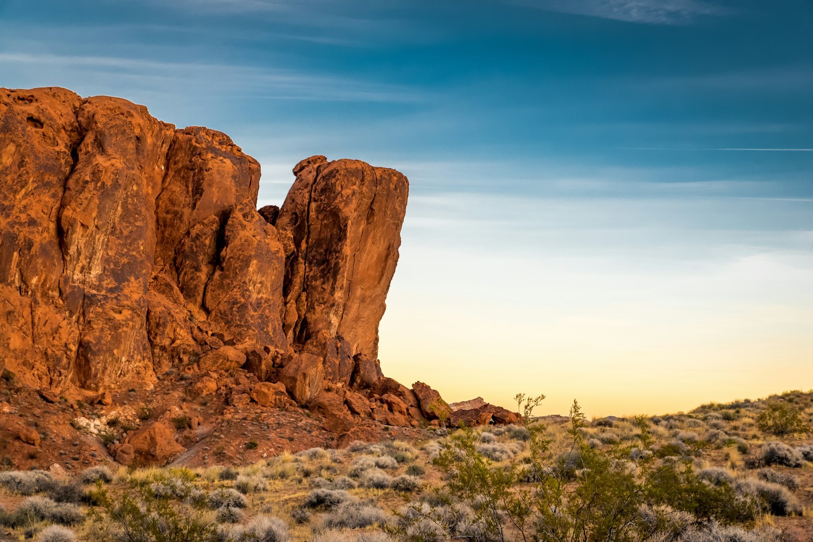 Red sandstone in Nevada's Valley of Fire at sunset.