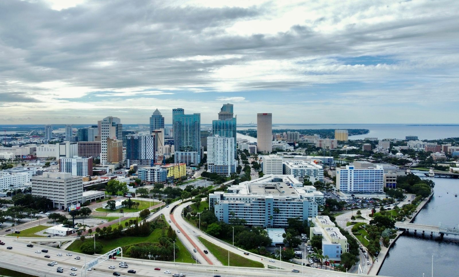 Downtown Tampa from the air, with the bay beyond.